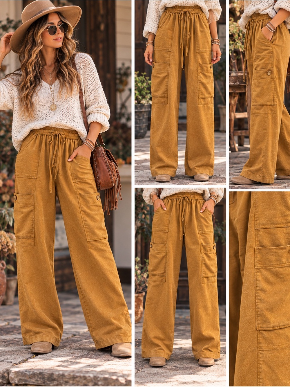 Heyson Cargo Pants Drawstring Utility Wide Leg Boho